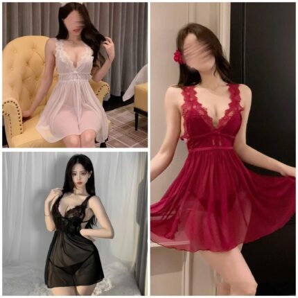 Women's Sheer Floral Lace Babydoll Lingerie Nightdress with G-String