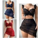 Women's Elegant Lace Bralette and Ruffled Mesh Mini Skirt Lingerie Set