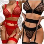 Women's Fishnet Mesh Lingerie Set with High-Waist Garter Belt