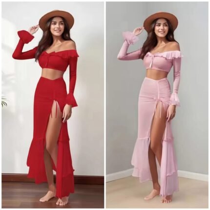 Boho-Chic Off-Shoulder Ruffle Crop Top & High-Slit Maxi Skirt Two-Piece Set