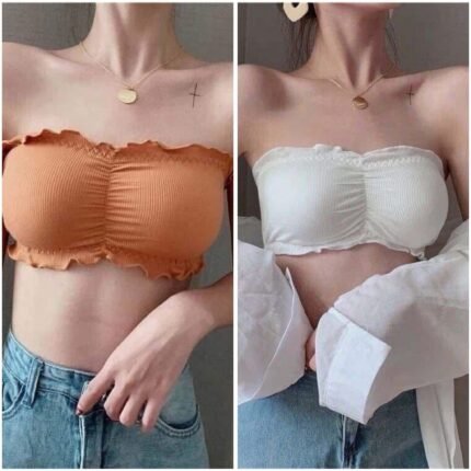 Women's Ribbed Ruched Strapless Bandeau Crop Top