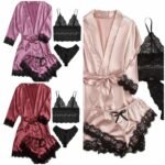 Women's 4-Piece Satin Lace Robe and Pajama Set with Lace Bralette