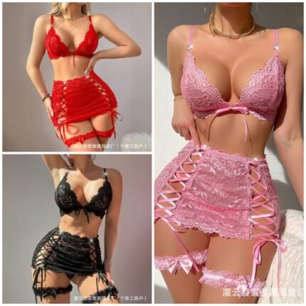 Women's Romantic Floral Lace Bralette and Lace-up Mini Skirt Lingerie Set