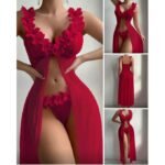 Romantic Floral Ruffle Lingerie Set & Sheer Nightgown