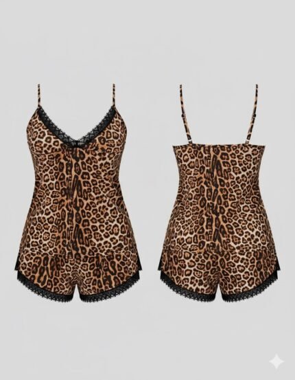 Women's Leopard Print Lace-Trim Cami and Shorts Loungewear Set