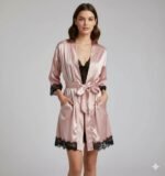 Women's 4-Piece Satin Lace Robe and Pajama Set with Lace Bralette