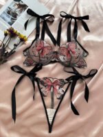 Exquisite Butterfly Embroidered Lace Lingerie Set with Satin Ribbon Ties