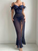 Women's Allure Navy Blue Lace Corset-Style Mesh Maxi Nightgown - Image 2