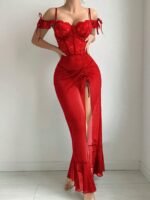 Women's Allure Navy Blue Lace Corset-Style Mesh Maxi Nightgown - Image 3
