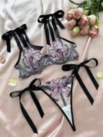Exquisite Butterfly Embroidered Lace Lingerie Set with Satin Ribbon Ties