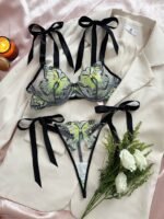 Exquisite Butterfly Embroidered Lace Lingerie Set with Satin Ribbon Ties