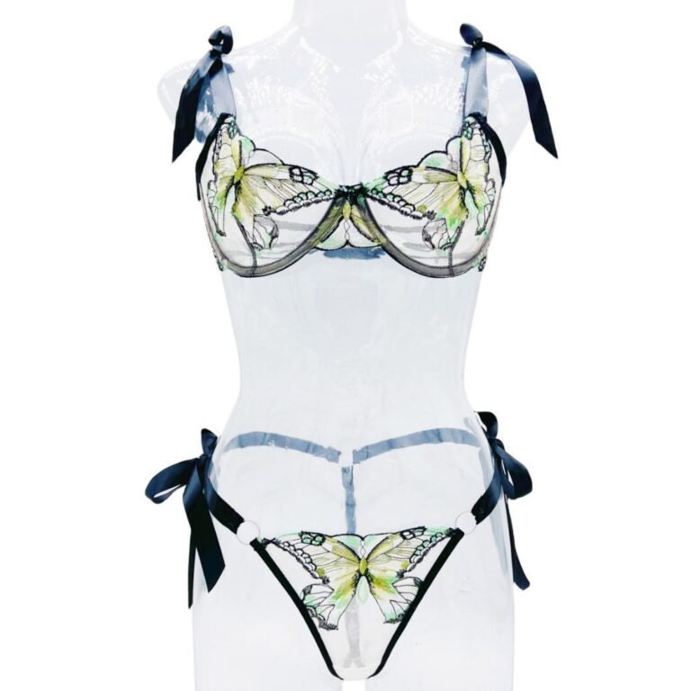 Exquisite Butterfly Embroidered Lace Lingerie Set with Satin Ribbon Ties
