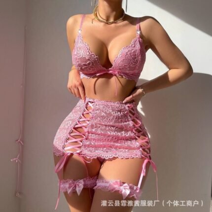 Women's Allure Black Lace Bralette and Lattice Tie-Side Mini Skirt Set