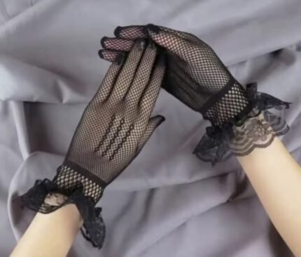 Women's Elegant White Floral Lace Fishnet Gloves with Ruffled Cuffs