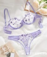 Women's Dreamy Lavender Floral Embroidery Sheer Lace Lingerie Set