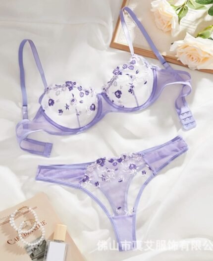 Women's Dreamy Lavender Floral Embroidery Sheer Lace Lingerie Set