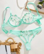 Women's Dreamy Lavender Floral Embroidery Sheer Lace Lingerie Set