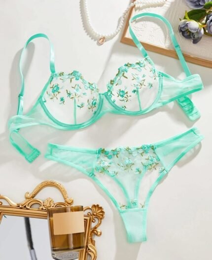 Women's Dreamy Lavender Floral Embroidery Sheer Lace Lingerie Set